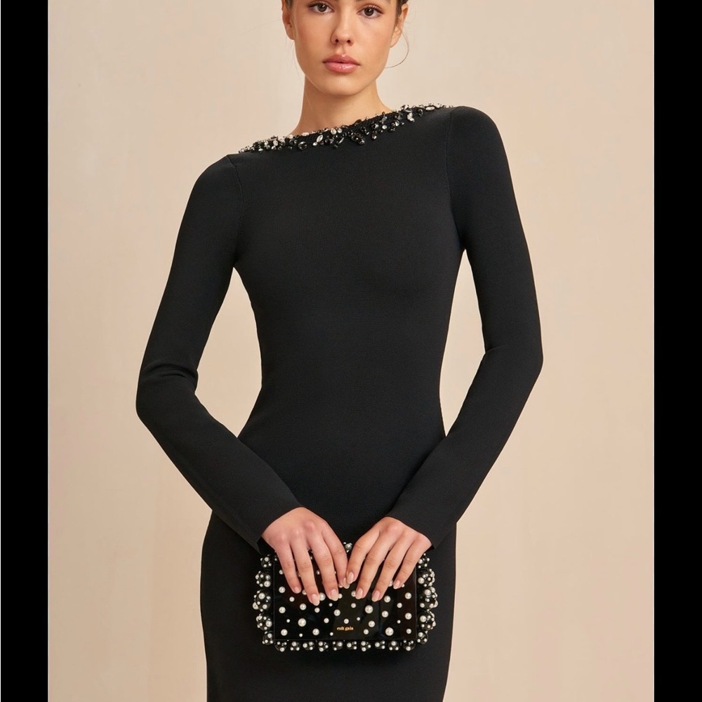cult gaia Black Long-Sleeve Embellished Neck Dress